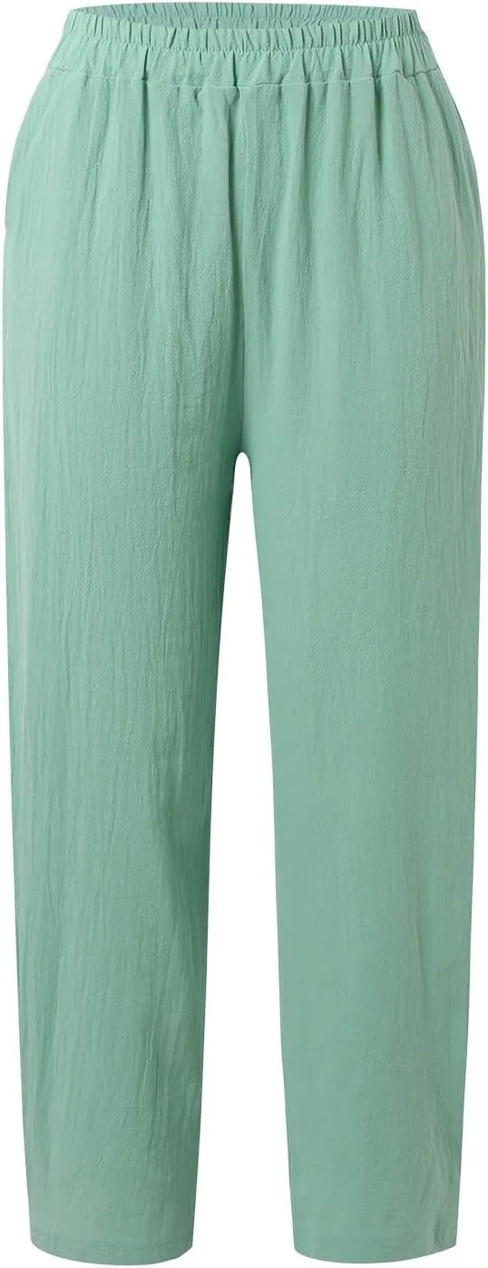 PTOLOCIF Womens Linen Pants Summer Wide Leg Casual Loose Pants High Waist Drawstring Palazzo Capris Trousers with Pockets