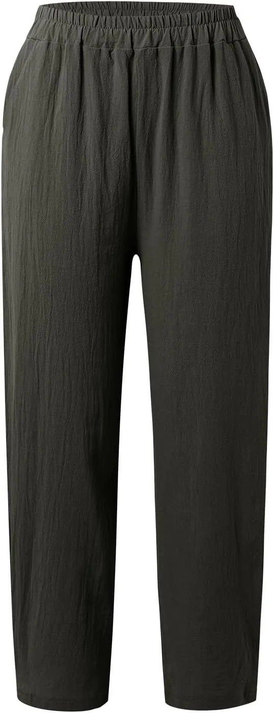 PTOLOCIF Womens Linen Pants Summer Wide Leg Casual Loose Pants High Waist Drawstring Palazzo Capris Trousers with Pockets