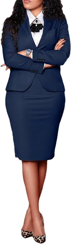 Ptorlio Womens 2 Piece Outfits Blazer Suit Long Sleeve Work Business Office Jacket Midi Pencil Skirt Set