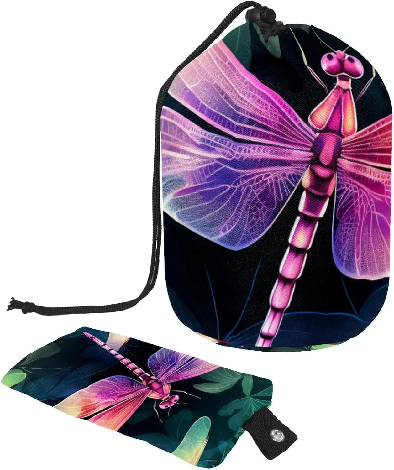 Purple Flower Dragonfly Travel Cosmetic Bags Makeup Bag for Women, Foldable Drawstring Travel Cosmetic Bags, Portable Toiletry Bucket Bag
