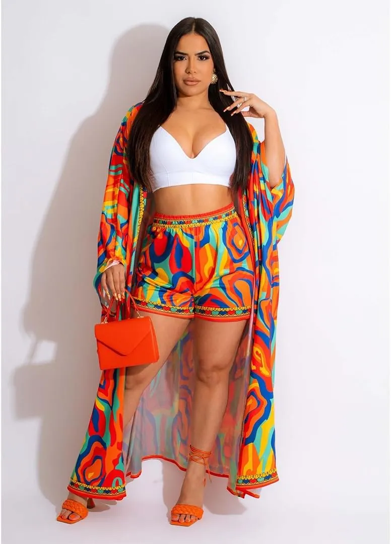 QegarTop Kimono Shorts Set for Women Two Piece Summer Vacation Outfits Flowy Beach Cover up Duster