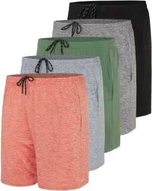 Real Essentials 5 Pack: Men's 5" Inseam Dry-Fit Running Workout Shorts - Pockets & Drawstring (Available in Big & Tall)