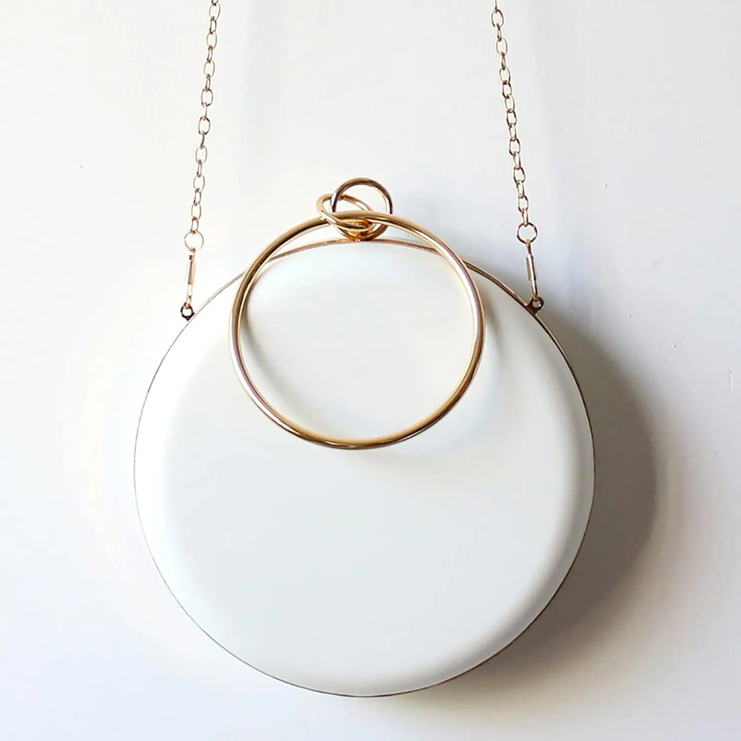 Round Clutch Bag Women's PU Leather Simple Evening Bag Handbag with Metal Chain, Lady Party Wedding Clutch Purse (Color : White)