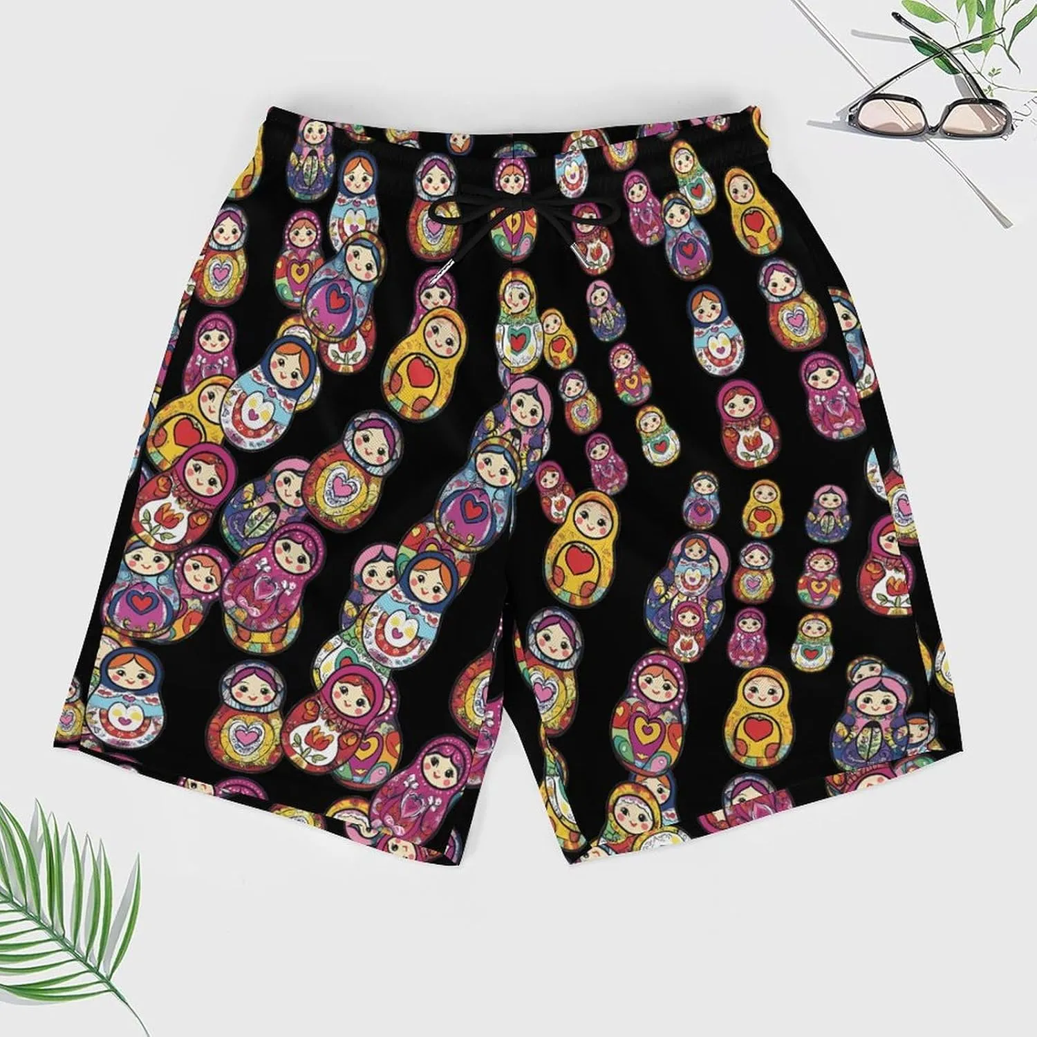 Russian Nesting Dolls Casual Beach Shorts for Men Elastic Waist Drawstring Swim Shorts With Compression Liner