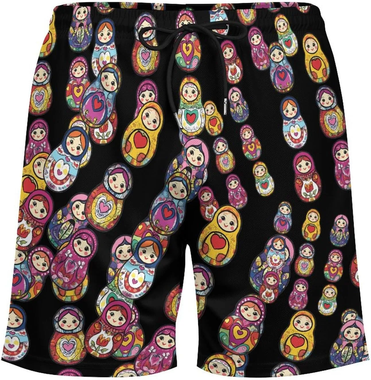 Russian Nesting Dolls Casual Beach Shorts for Men Elastic Waist Drawstring Swim Shorts With Compression Liner