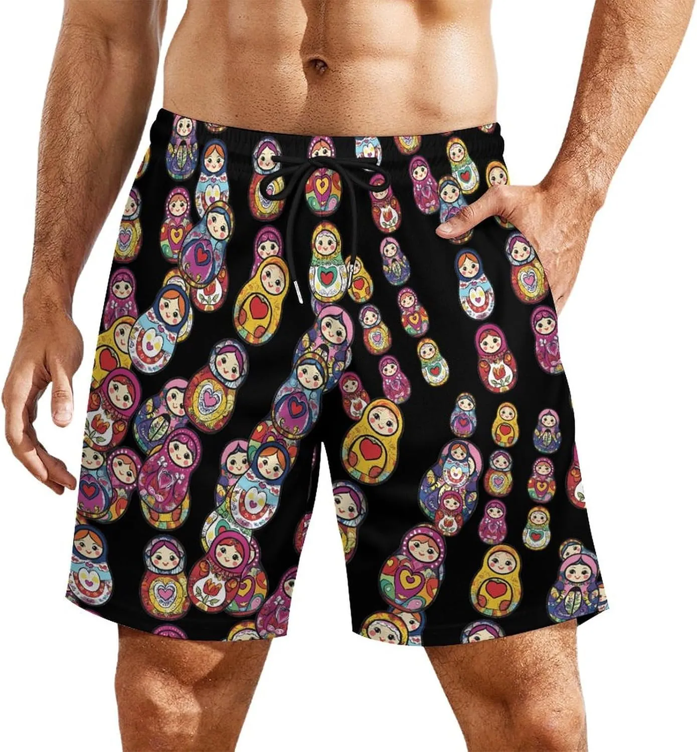 Russian Nesting Dolls Casual Beach Shorts for Men Elastic Waist Drawstring Swim Shorts With Compression Liner