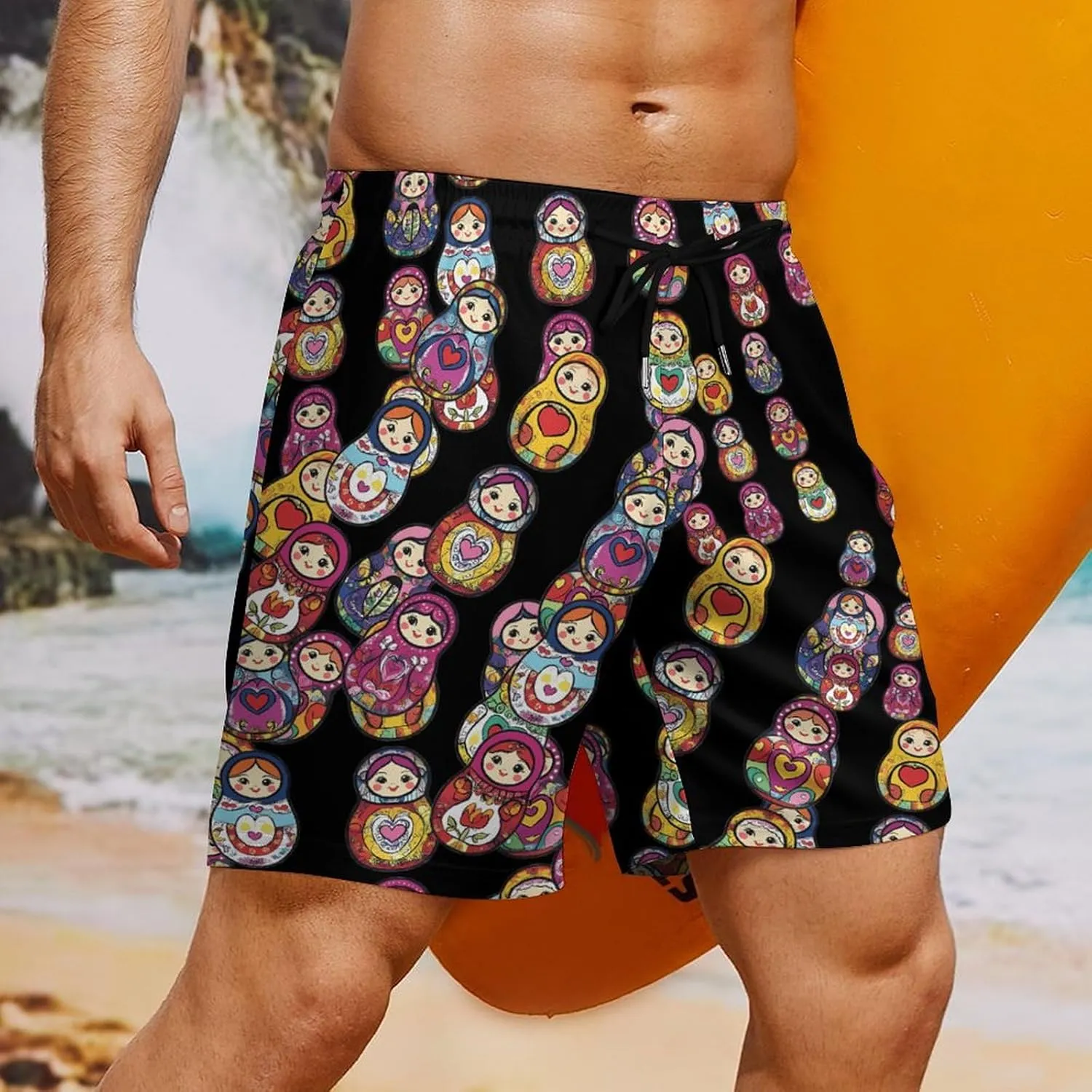 Russian Nesting Dolls Casual Beach Shorts for Men Elastic Waist Drawstring Swim Shorts With Compression Liner