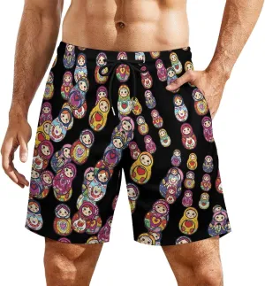 Russian Nesting Dolls Casual Beach Shorts for Men Elastic Waist Drawstring Swim Shorts With Compression Liner