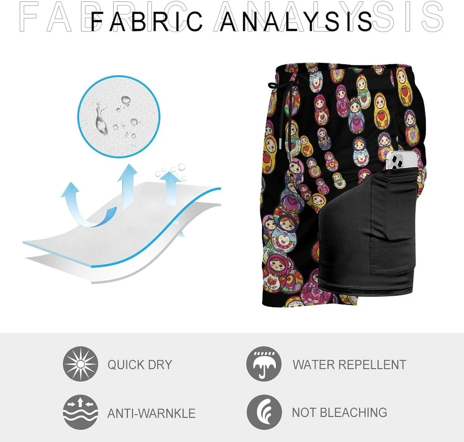 Russian Nesting Dolls Casual Beach Shorts for Men Elastic Waist Drawstring Swim Shorts With Compression Liner