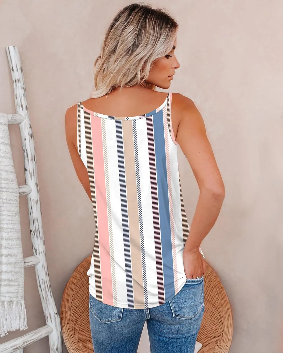 SAUKOLE Summer Tank Tops for Women V Neck Womens Fashion Sleeveless Top Loose Fit Casual Stripe Shirts Blouse