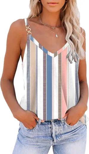 SAUKOLE Summer Tank Tops for Women V Neck Womens Fashion Sleeveless Top Loose Fit Casual Stripe Shirts Blouse
