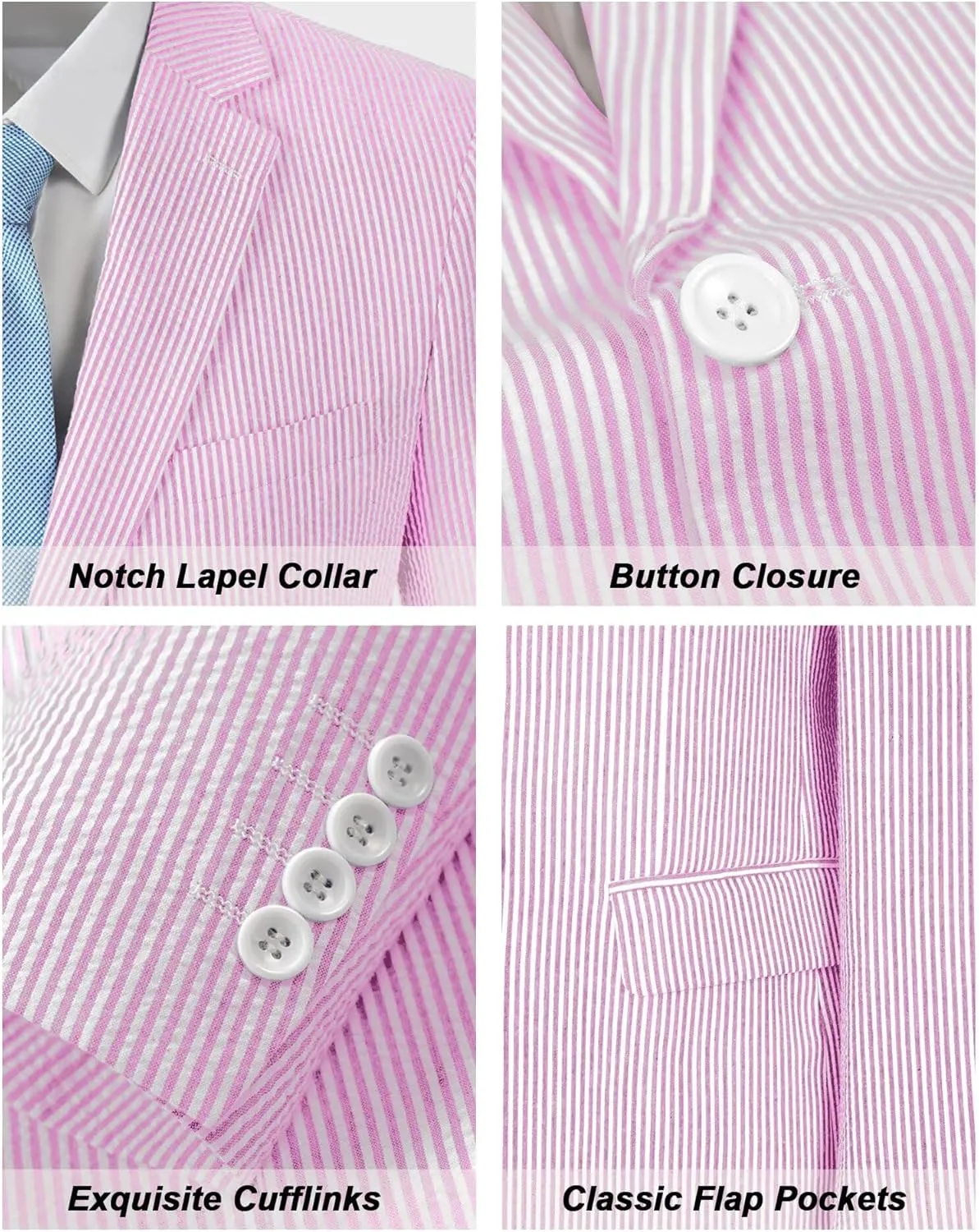 Seersucker Mens Suit 2 Piece Slim Fit Stripe Suits Tuxedo Blazer Jackets Pants Set Summer Beach Wedding Outfit for Men