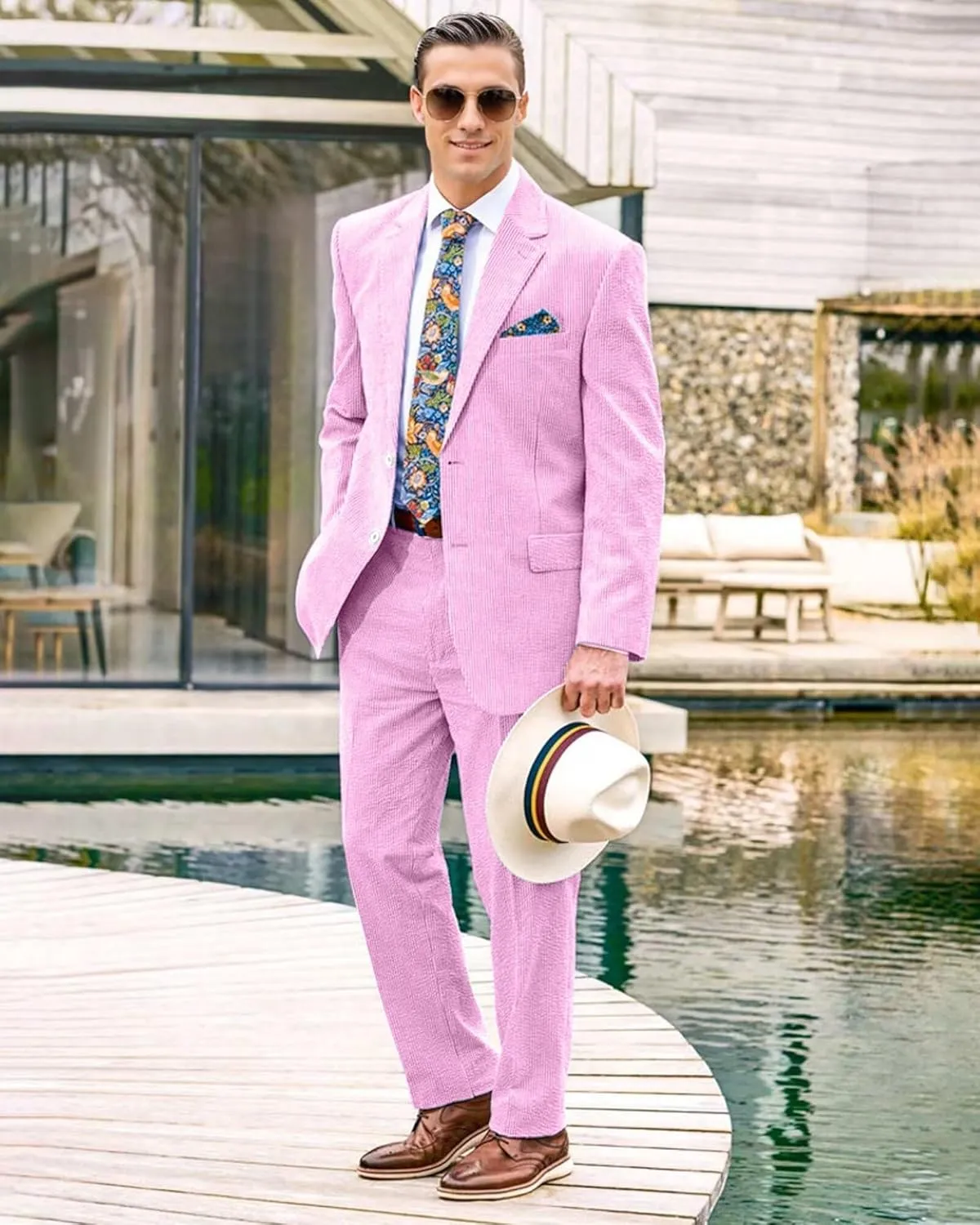 Seersucker Mens Suit 2 Piece Slim Fit Stripe Suits Tuxedo Blazer Jackets Pants Set Summer Beach Wedding Outfit for Men