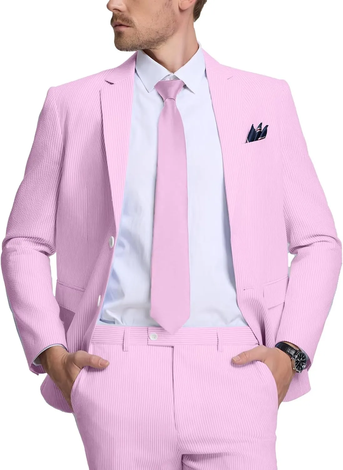 Seersucker Mens Suit 2 Piece Slim Fit Stripe Suits Tuxedo Blazer Jackets Pants Set Summer Beach Wedding Outfit for Men