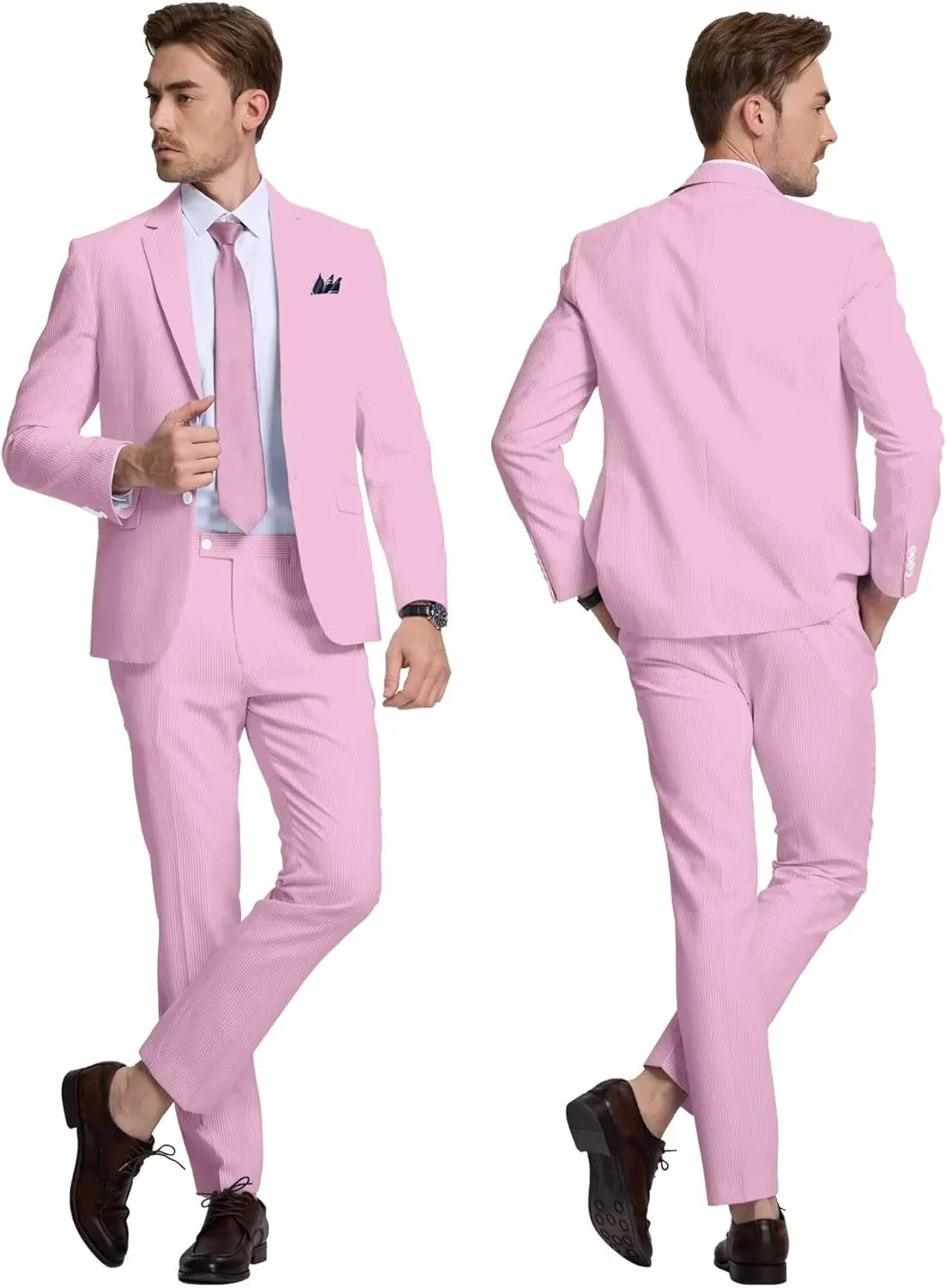 Seersucker Mens Suit 2 Piece Slim Fit Stripe Suits Tuxedo Blazer Jackets Pants Set Summer Beach Wedding Outfit for Men