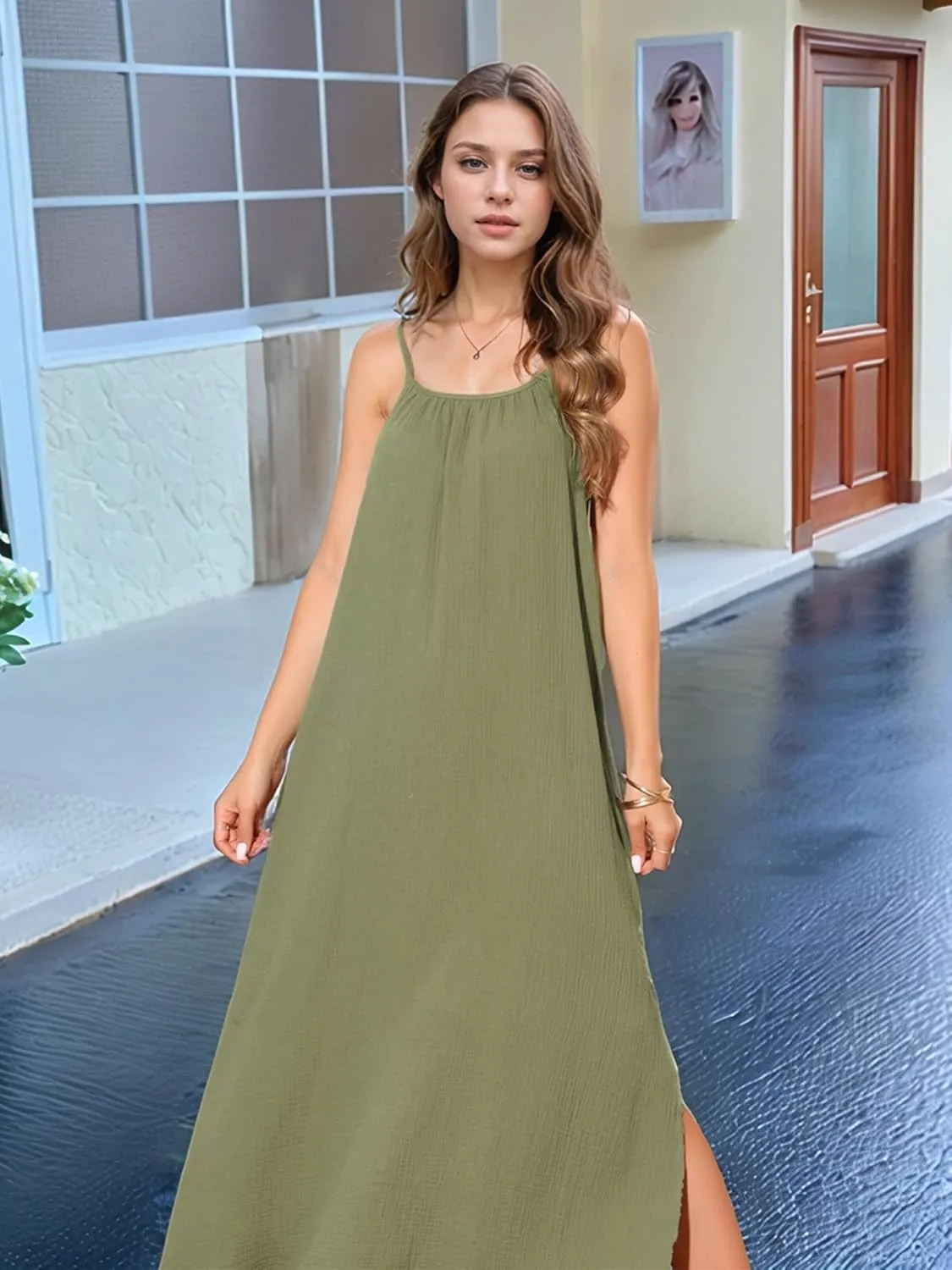 Seta T Women's Summer Dresses Linen Maxi Sundress Loose Tie Waist Spaghetti Strap Cami Casual Beach Dress