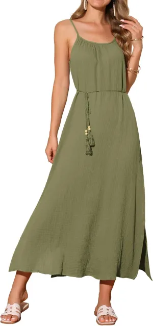 Seta T Women's Summer Dresses Linen Maxi Sundress Loose Tie Waist Spaghetti Strap Cami Casual Beach Dress