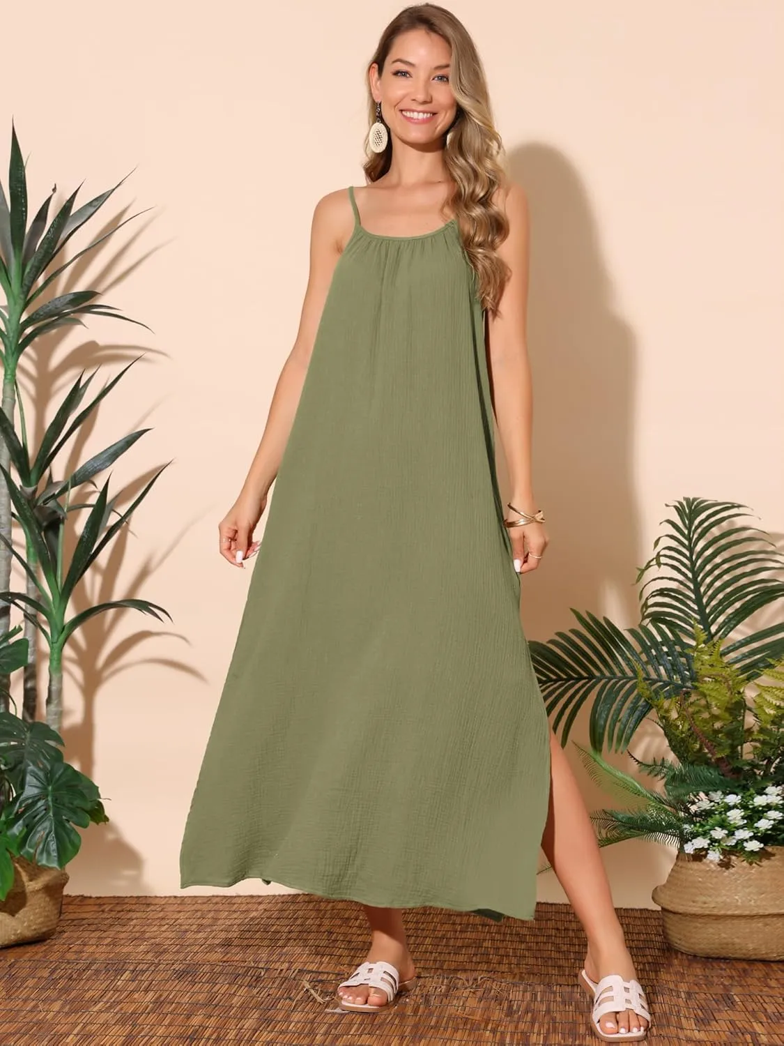 Seta T Women's Summer Dresses Linen Maxi Sundress Loose Tie Waist Spaghetti Strap Cami Casual Beach Dress