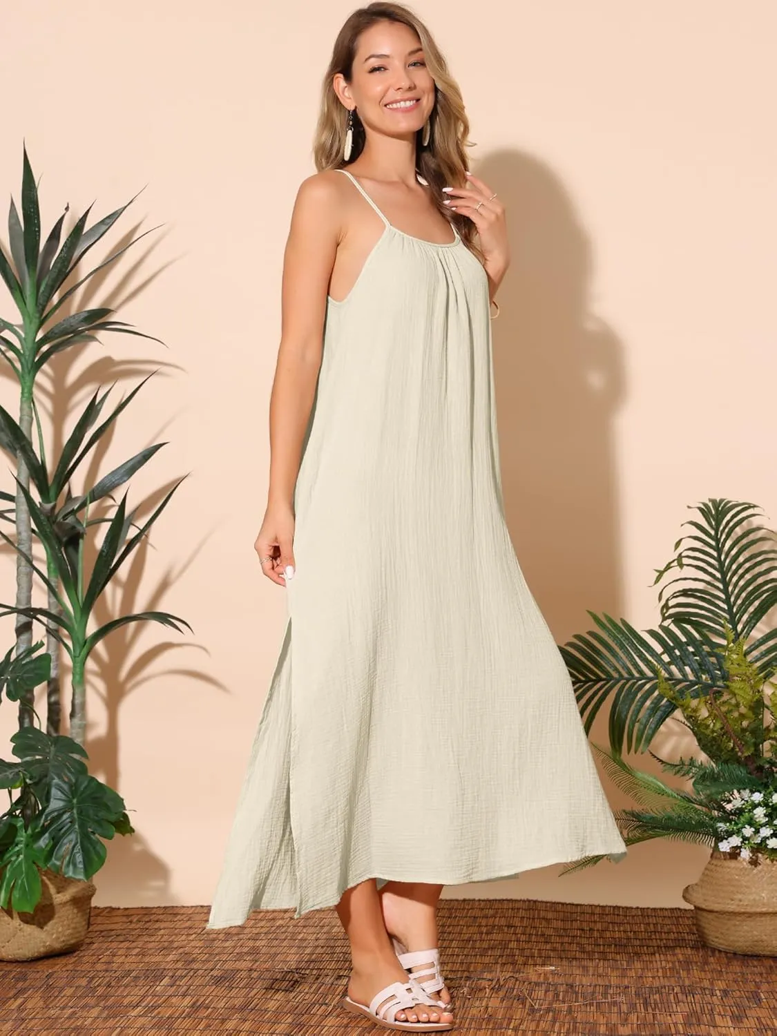 Seta T Women's Summer Dresses Linen Maxi Sundress Loose Tie Waist Spaghetti Strap Cami Casual Beach Dress