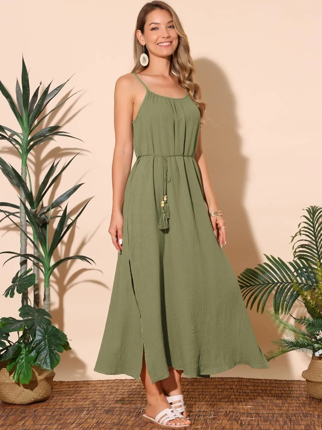Seta T Women's Summer Dresses Linen Maxi Sundress Loose Tie Waist Spaghetti Strap Cami Casual Beach Dress