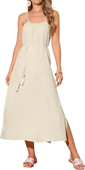 Seta T Women's Summer Dresses Linen Maxi Sundress Loose Tie Waist Spaghetti Strap Cami Casual Beach Dress