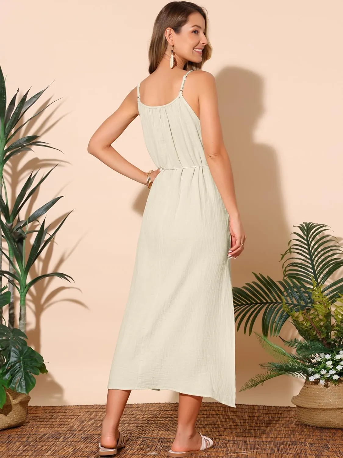 Seta T Women's Summer Dresses Linen Maxi Sundress Loose Tie Waist Spaghetti Strap Cami Casual Beach Dress