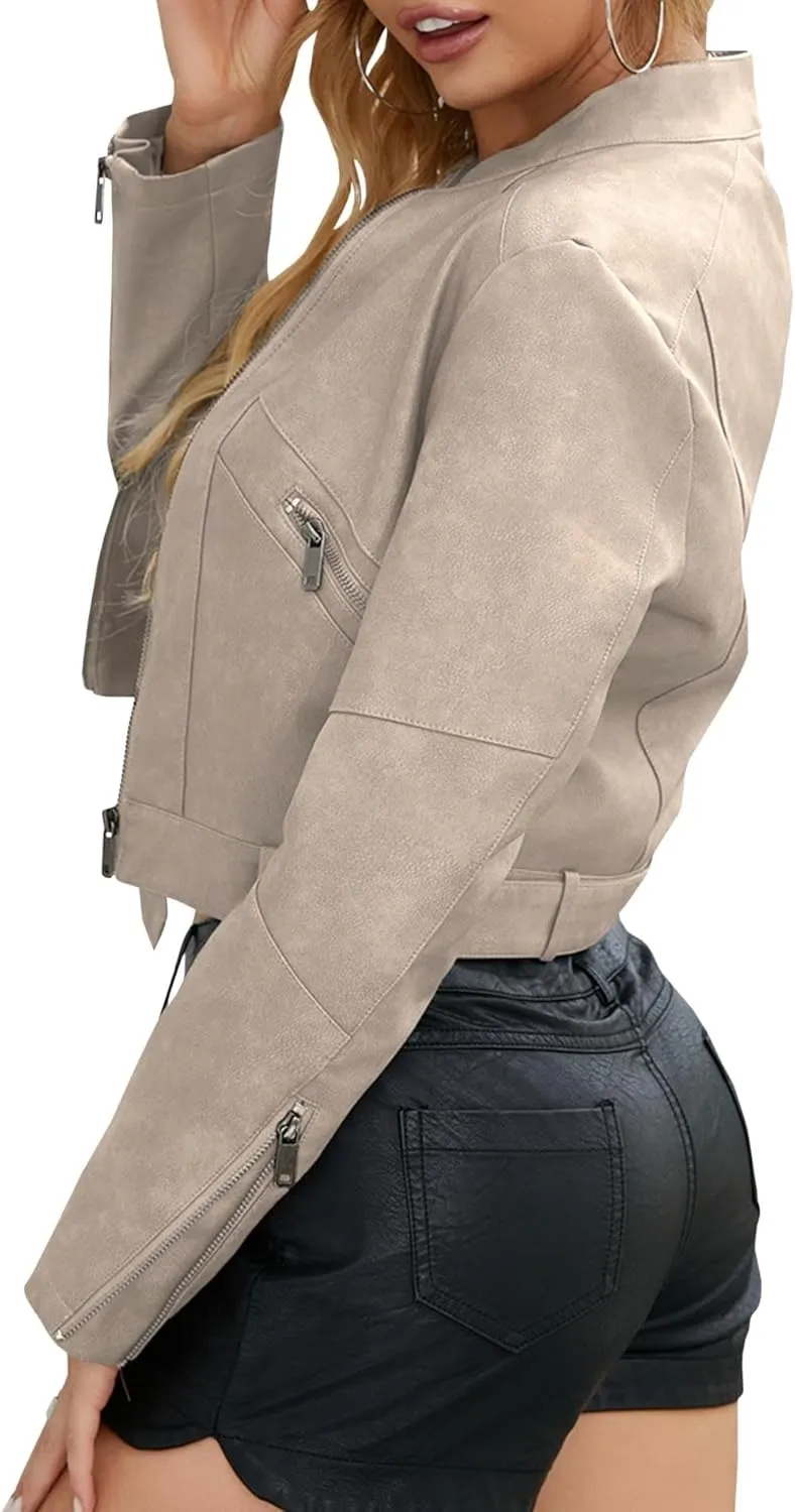 Sexyshine Women's Cropped Faux Leather Jacket Stand Collar Zipper Up PU Leather Coat Moto Bomber Biker Outwear with Belt