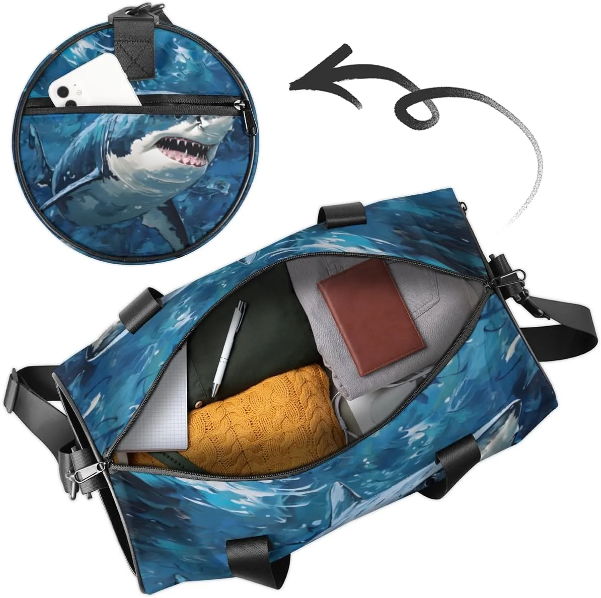 Shark Print Custom Duffel Bags Weekender Bags Custom Sport Duffel Bag Carry on Overnight Weekender Bag