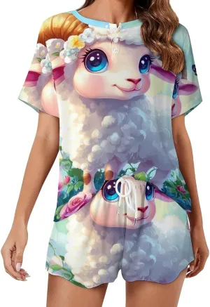 Sheep Flowers Pajamas for Women Set Short Sleeve Top And Shorts Lounge Sleepwear Loungewear 2Pcs Pj Sets