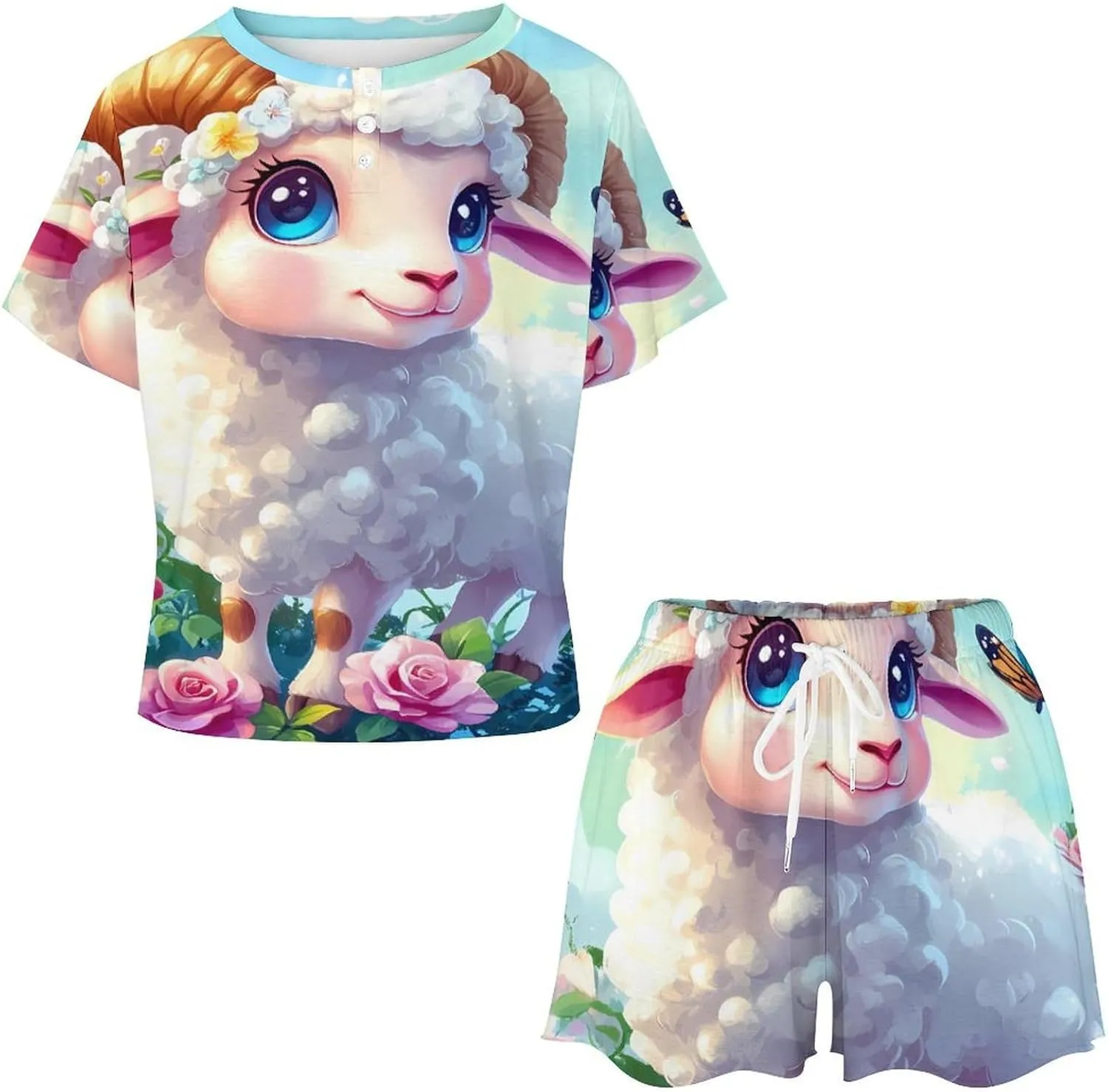 Sheep Flowers Pajamas for Women Set Short Sleeve Top And Shorts Lounge Sleepwear Loungewear 2Pcs Pj Sets