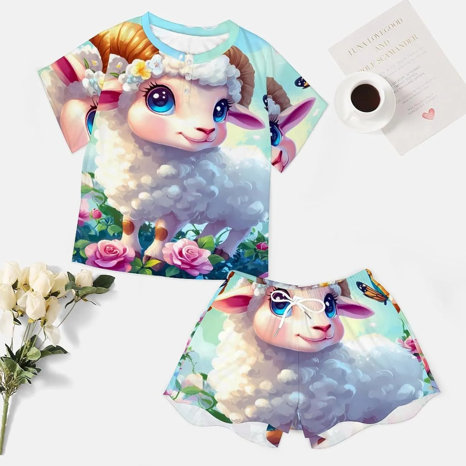 Sheep Flowers Pajamas for Women Set Short Sleeve Top And Shorts Lounge Sleepwear Loungewear 2Pcs Pj Sets