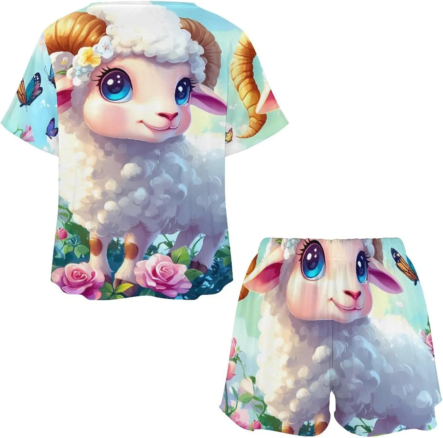 Sheep Flowers Pajamas for Women Set Short Sleeve Top And Shorts Lounge Sleepwear Loungewear 2Pcs Pj Sets