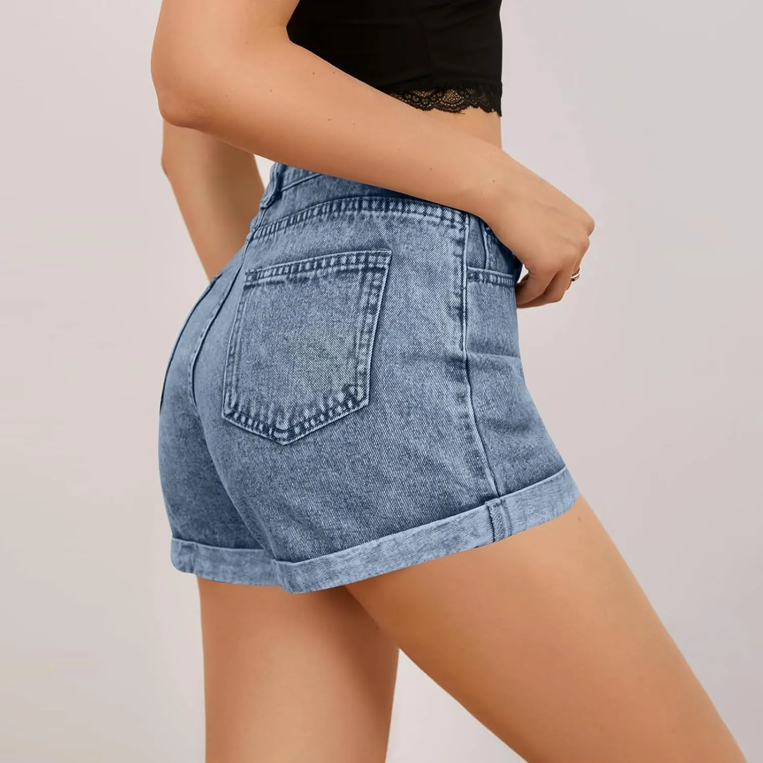 Shorts for Women High Waisted Stretch Fold Hem Wide Leg Jean Shorts Loose Fit Casual Denim Pants with Pockets
