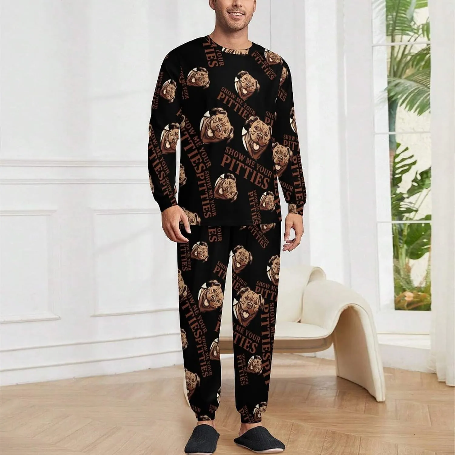 Show Me Your Pittie's Mens Pajamas Set Long Sleeve Sleepwear Set Soft Underwear Set Loungewear