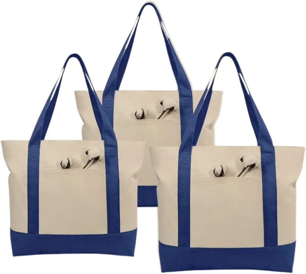 Simpli-Magic Stylish Canvas Tote Bag with an External Pocket, Top Zipper Closure, Daily Essentials, 3 Pack, 20" x 15" x 6", Blue/Natural