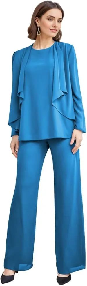 SIPUHK 3 Piece Mother of The Bride Pantsuits with Jackets Chiffon Long Sleeve Classy Formal Pant Suits for Women Dressy