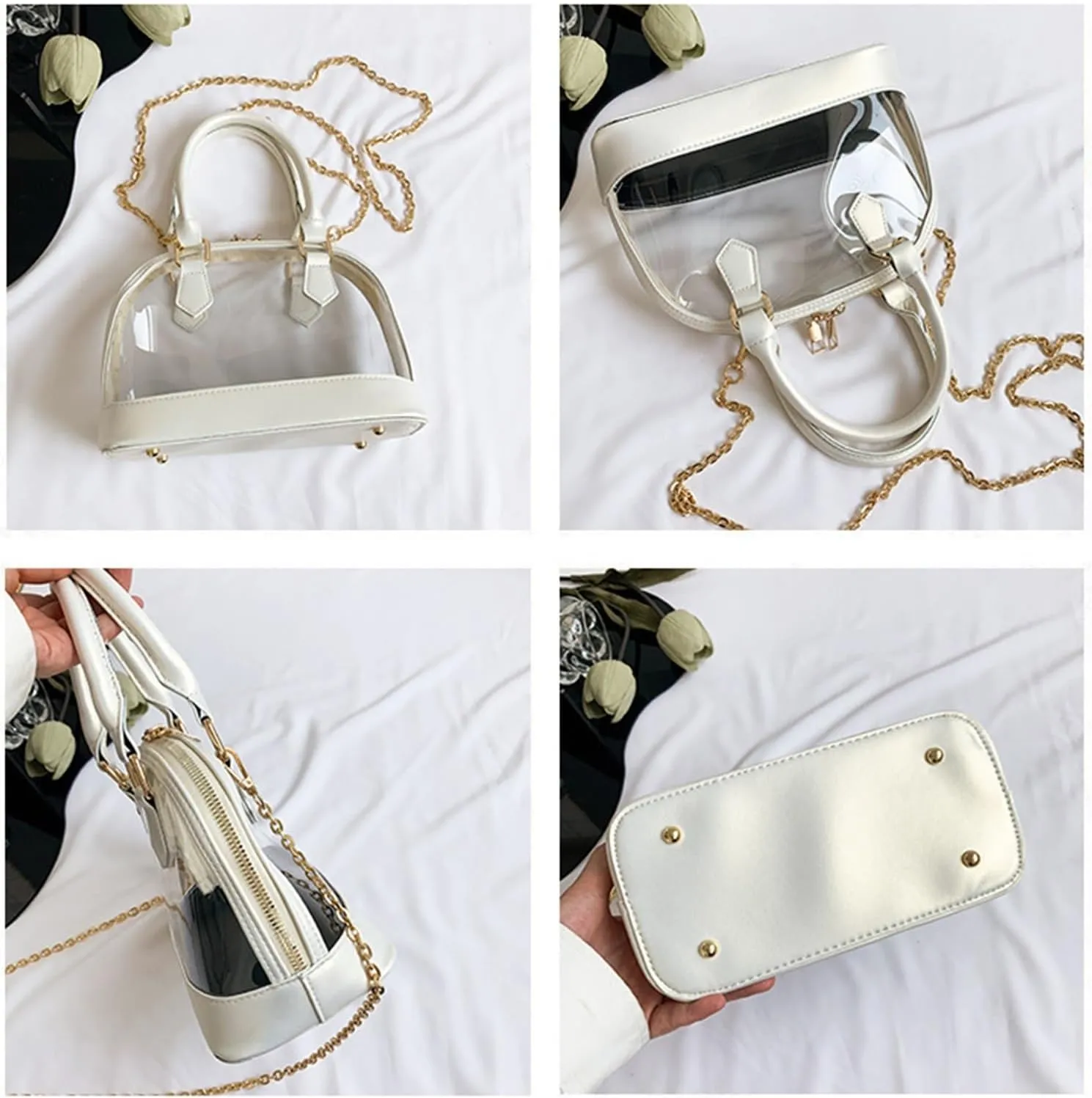 Small Clear Jelly Bags Top Handle Shoulder Crossbody Bags PVC Handbags Purses Satchel(Golden)