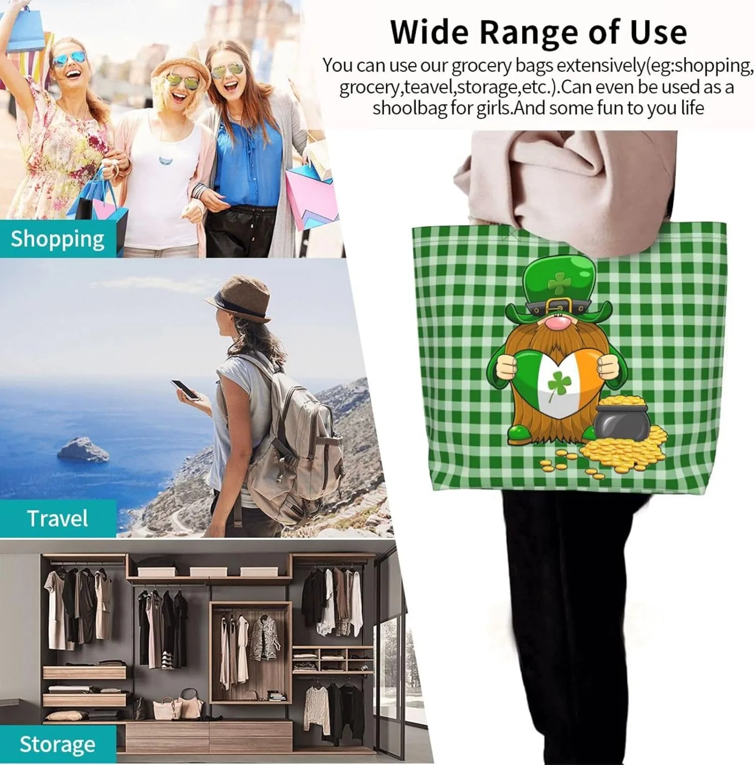 St.Patrick's Day Tote Bag Large Interior Pocket Tote Bag Reusable Shoulder Tote Bags Travel Bags
