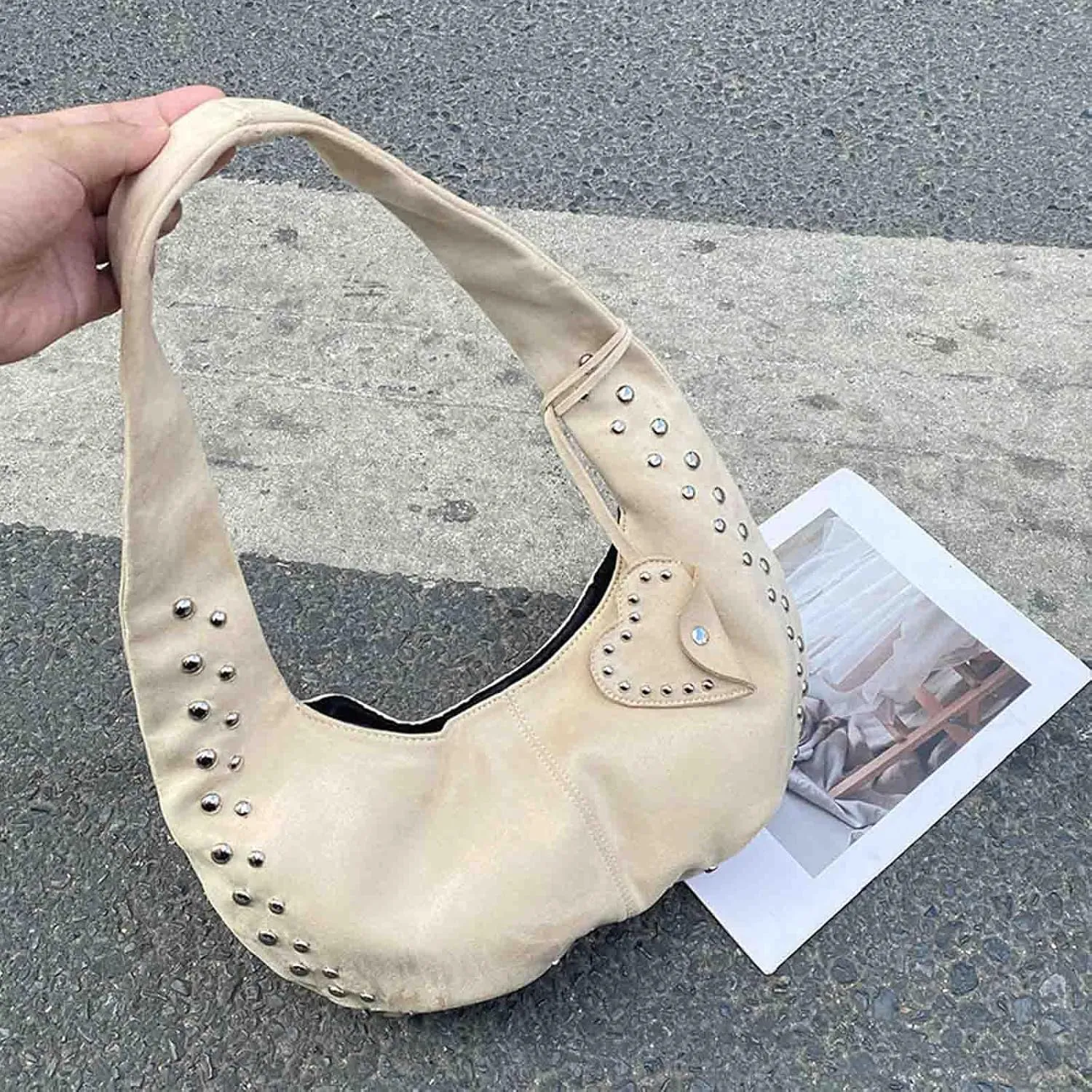 Suede bags for women handbag retro crescent shaped hobo bags for women handbag small rivet bag