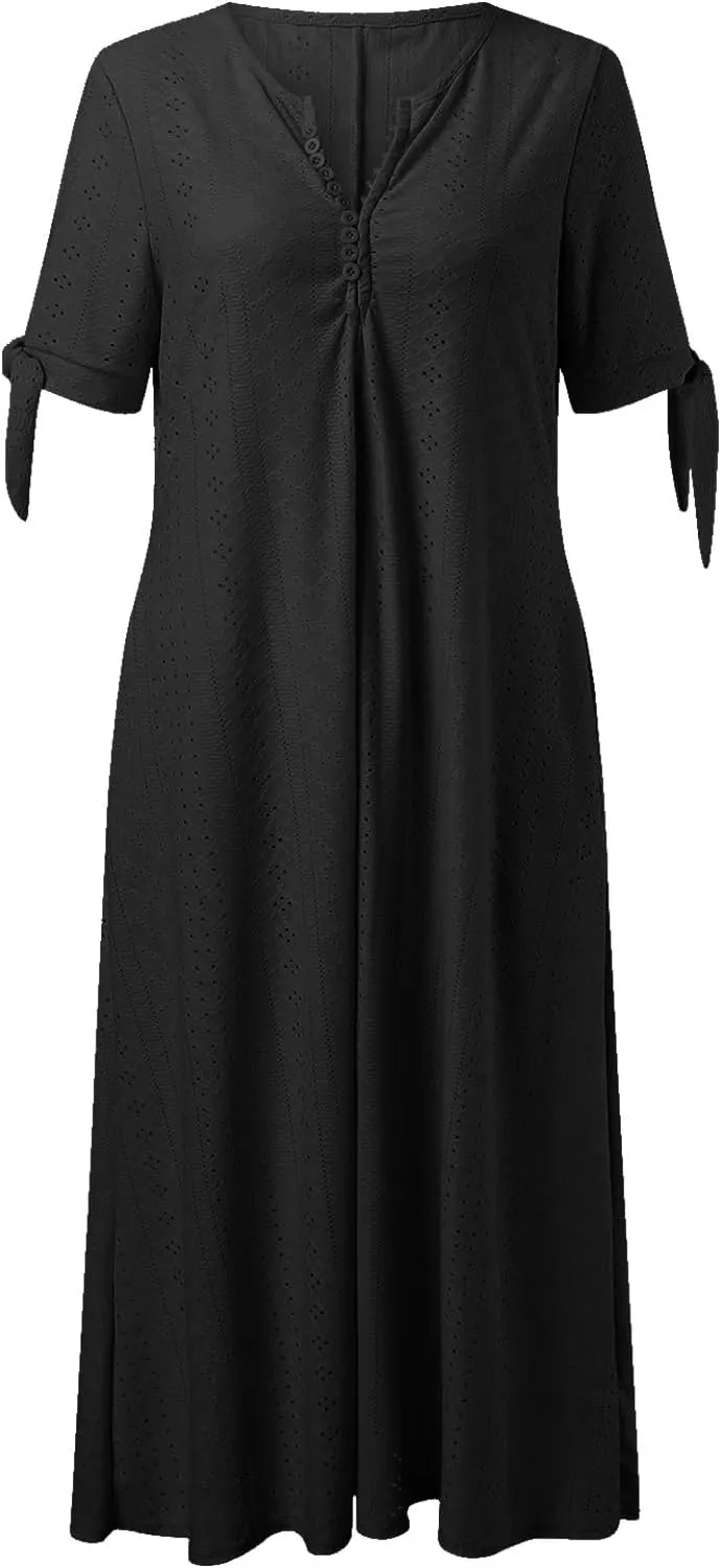 Summer Dresses for Women Trendy V Neck Short Sleeve Eyelet Dress Casual Pocket Holiday Party Beach Vacation Midi Sundress
