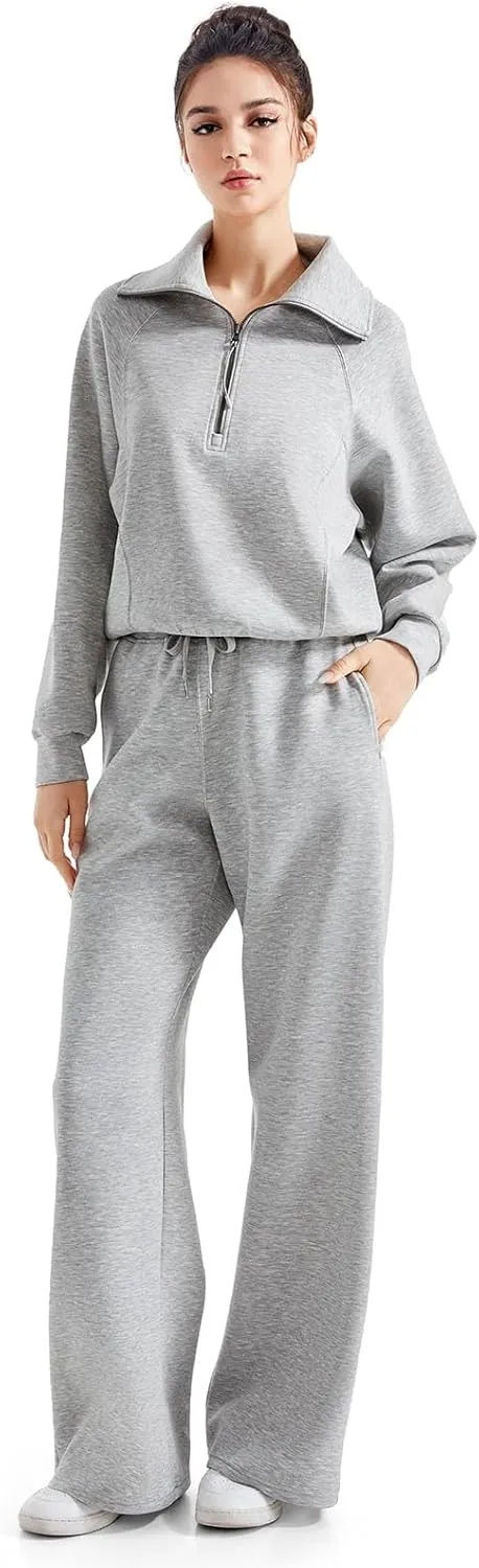 SUUKSESS Women 2 Piece Lounge Matching Set Wide Leg Sweatpant Half Zip Sweatshirt