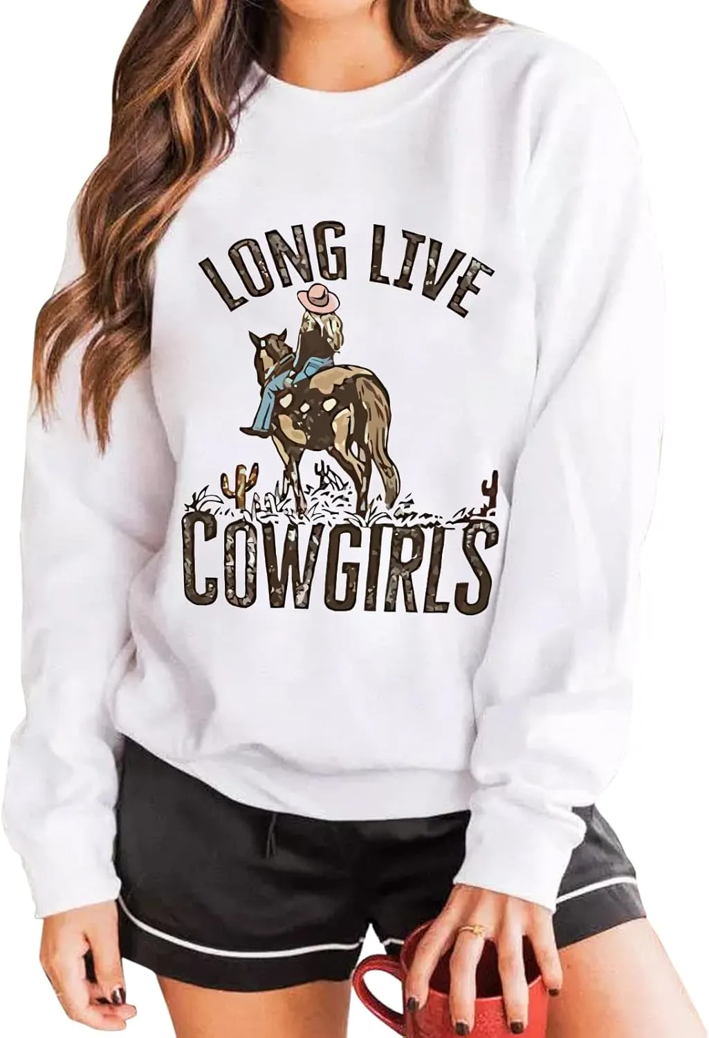 Teaaha Long Live Cowgirls Sweatshirt Women Horseback Rider Western Vintage Country Southern Cactus Graphic Shirt Pullover