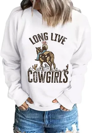 Teaaha Long Live Cowgirls Sweatshirt Women Horseback Rider Western Vintage Country Southern Cactus Graphic Shirt Pullover