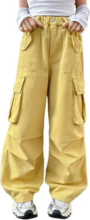 Teen Girls Cargo Long Pants Baggy High Waist Elastic Cargo Trousers with Pockets Kids Girls School Casual Straight Pants