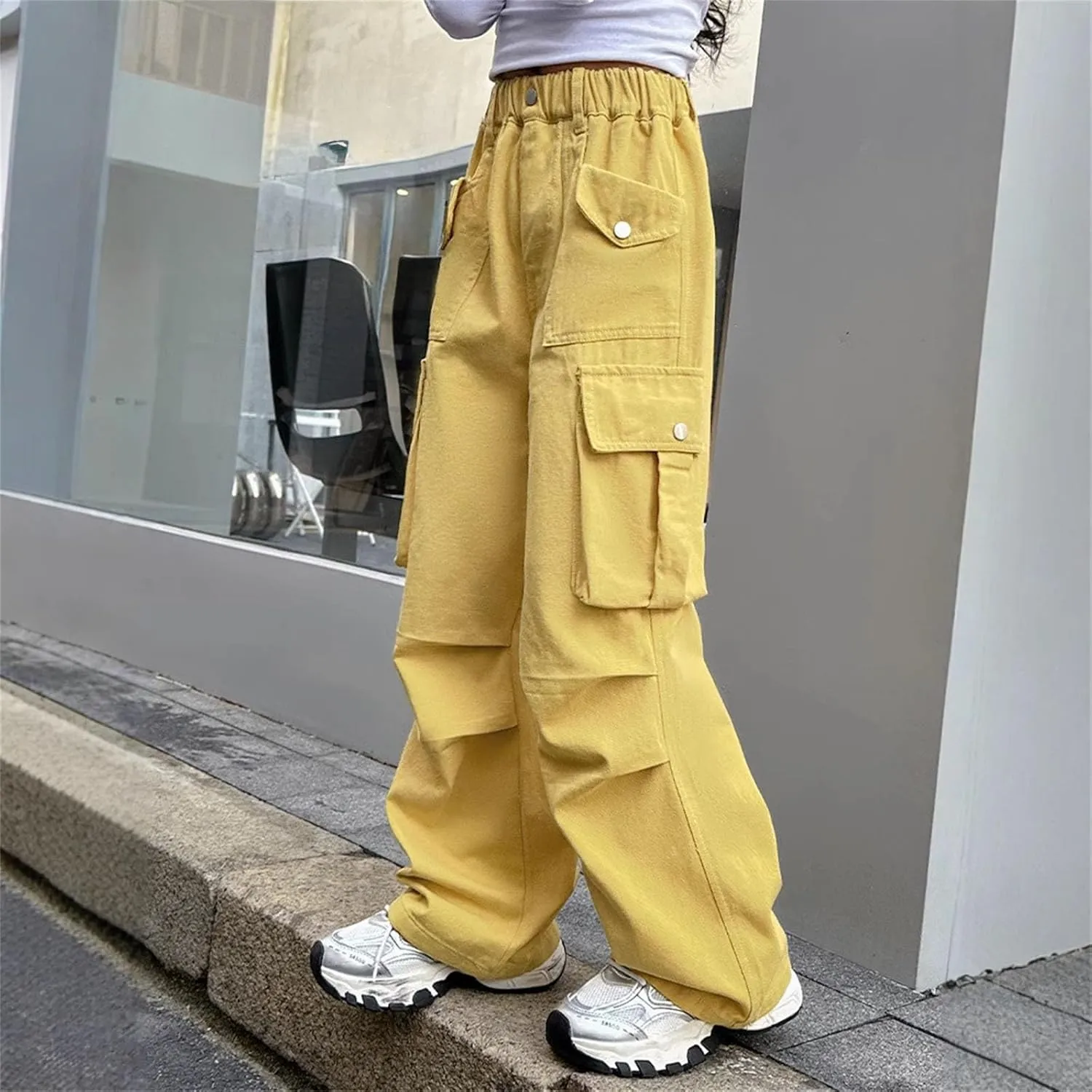 Teen Girls Cargo Long Pants Baggy High Waist Elastic Cargo Trousers with Pockets Kids Girls School Casual Straight Pants