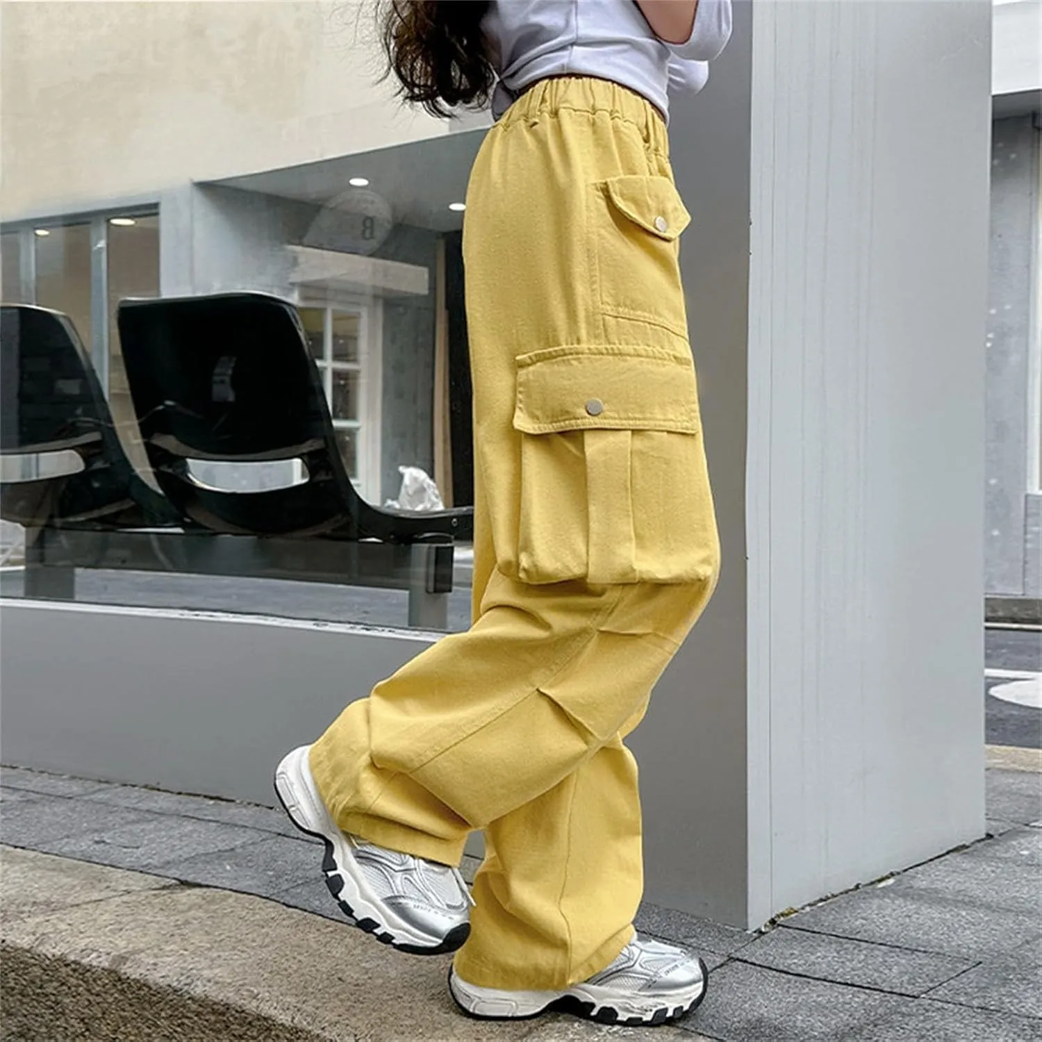 Teen Girls Cargo Long Pants Baggy High Waist Elastic Cargo Trousers with Pockets Kids Girls School Casual Straight Pants