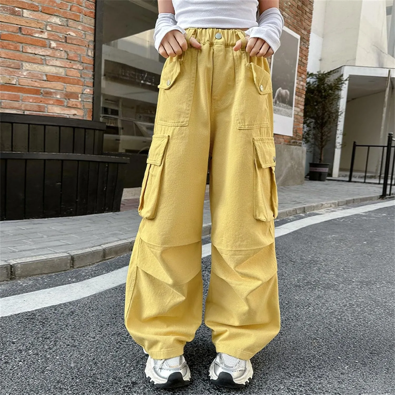 Teen Girls Cargo Long Pants Baggy High Waist Elastic Cargo Trousers with Pockets Kids Girls School Casual Straight Pants