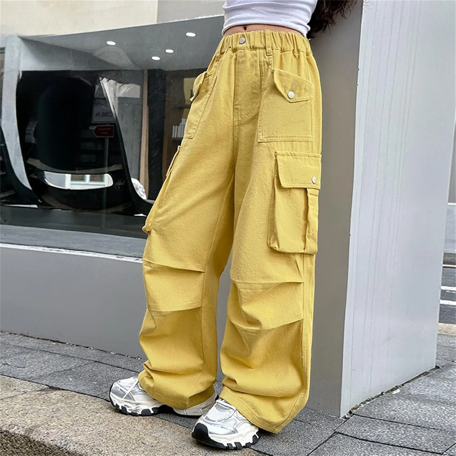 Teen Girls Cargo Long Pants Baggy High Waist Elastic Cargo Trousers with Pockets Kids Girls School Casual Straight Pants