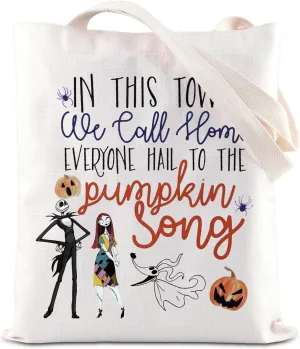 TGBJE Horror Movie Fans Gifts Pumpkin Song Tote Bag Jack and Sally Gift Halloween Season Shopping Bag Zero Inspired Gift (Pumpkin Song tote)