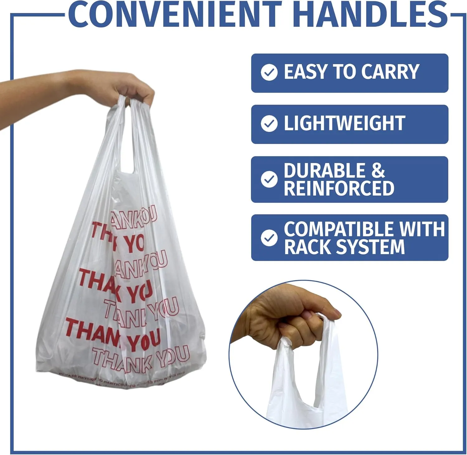 Thank You T-Shirt Carry-Out Bags, Disposable Plastic Bags with Handles for Shopping and Restaurant, 1/6 Barrel, 0.49 Mils, White/Red, 12" x 7" x 22" Large, 1000 Count